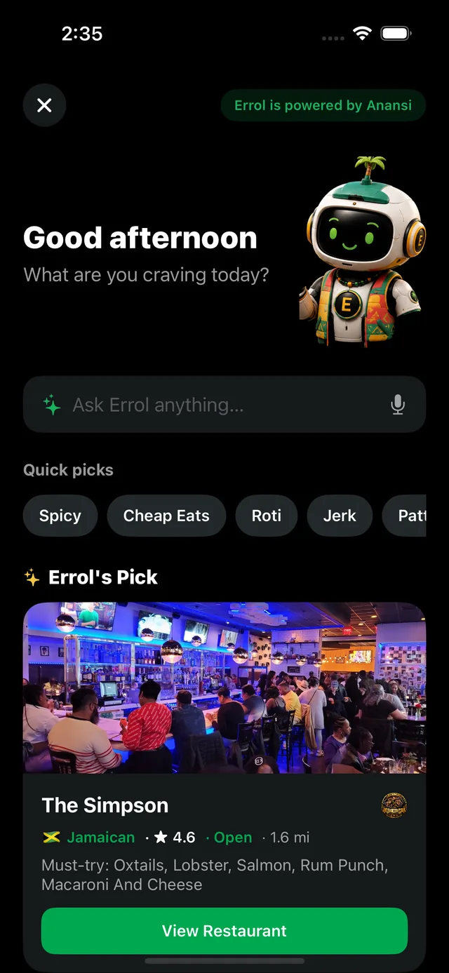 Errol's screen in the YardLink Eats app, with quick picks and a recommended restaurant