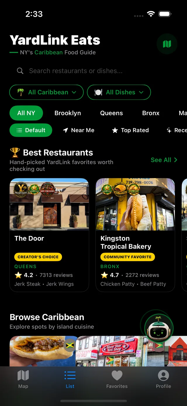 Browsing Caribbean restaurants in the YardLink Eats app