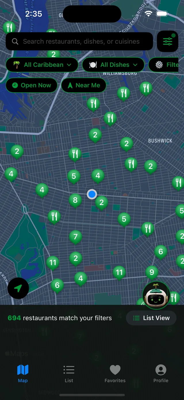 The YardLink Eats map, showing Caribbean restaurants clustered across Brooklyn