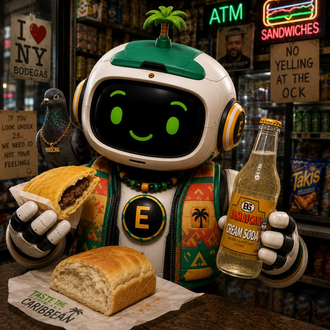 Errol in a New York bodega, holding a beef patty and a Jamaican cream soda